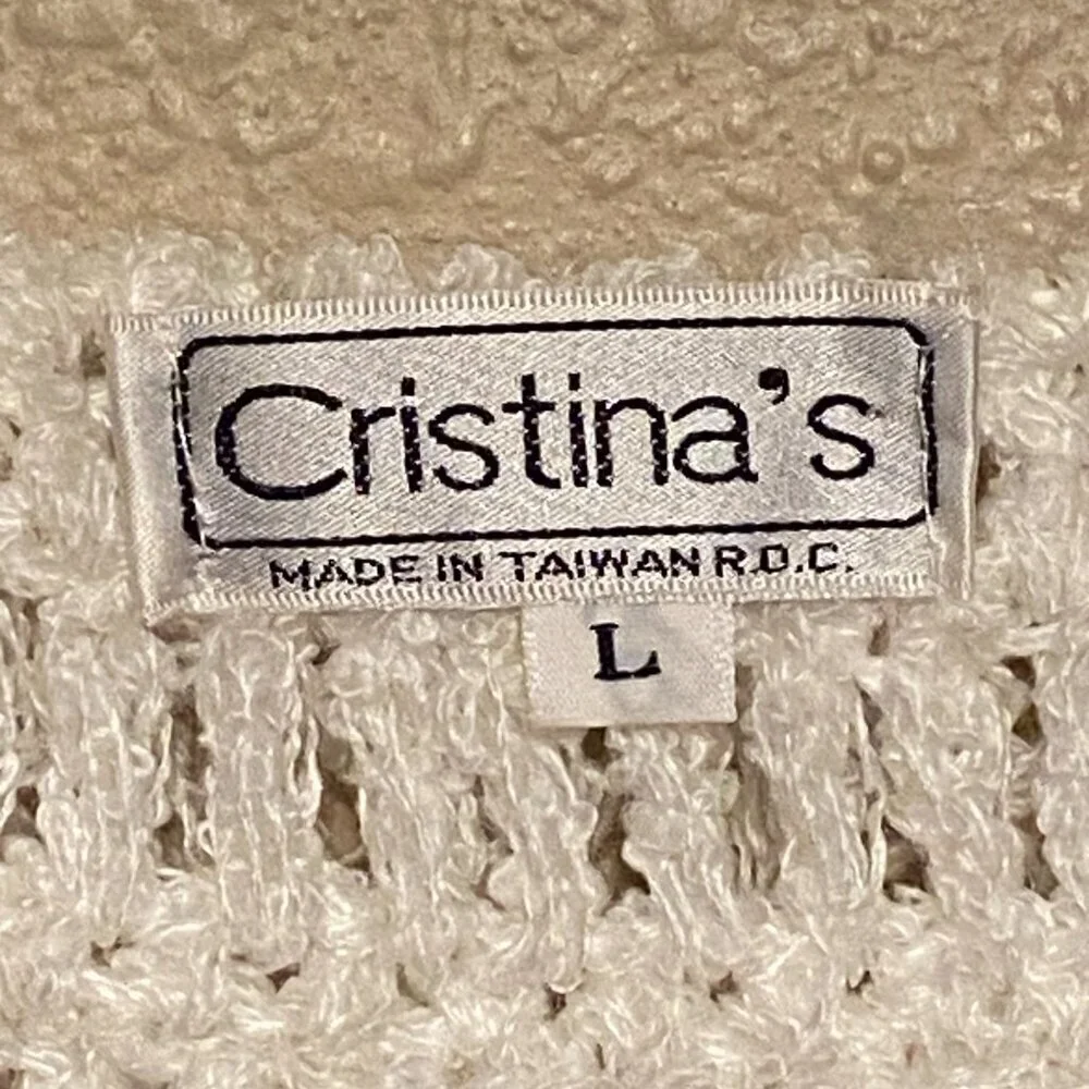 CRISTINA'S White Gray & Pink Pastel Shaggy Fluffy Sweater Hand Crochet Size (L)